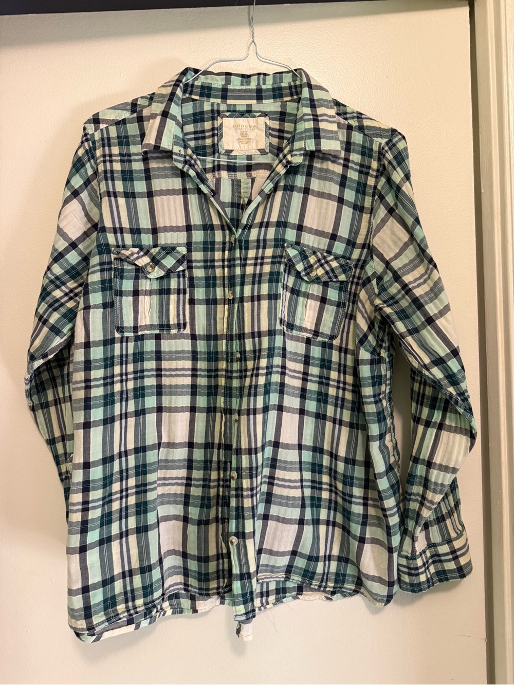 Sonoma Green White Navy Plaid Button-Down Shirt